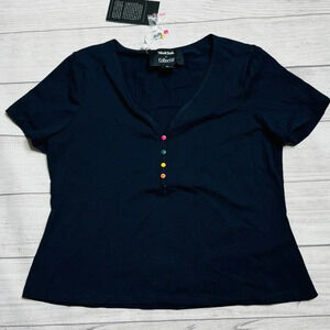 Black Short Sleeve Top with Colorful Buttons